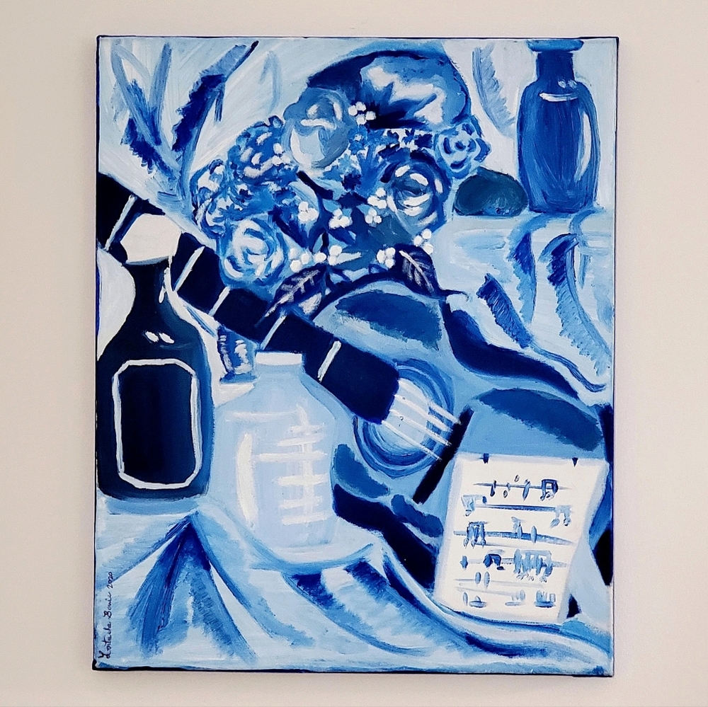"Blue Guitar" Contemporary Still Life Oil on Canvas Painting, Signed - Picture 10 of 11